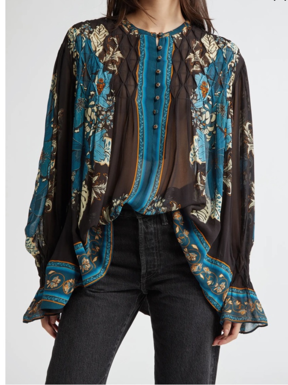 FARM Rio Blossom Tapestry Smocked Tunic Top Shirt Blue Floral Print Medium
